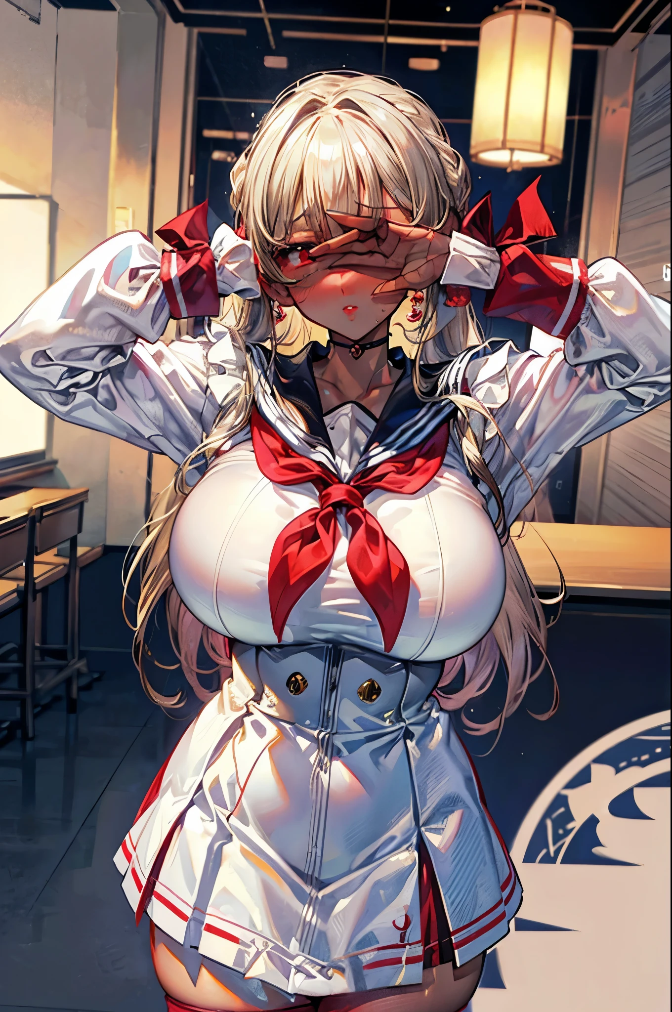 (masterpiece:1.2、highest quality、Tmasterpiece)、1 female、alone、classroom、Day、Beauty、blonde、ponytail、Red eyes、(Sailor suit:1.4)、(Dark Skin:1.4)、Blake、Big Breasts、Long sleeve、corset、Earrings、lipstick、pantyhose、mini skirt、Very sweaty、choker、blush、Covered breasts、Bangs braids、(Thick lips:1.2)、(covering eyes pose:1.4)、Detailed fingers