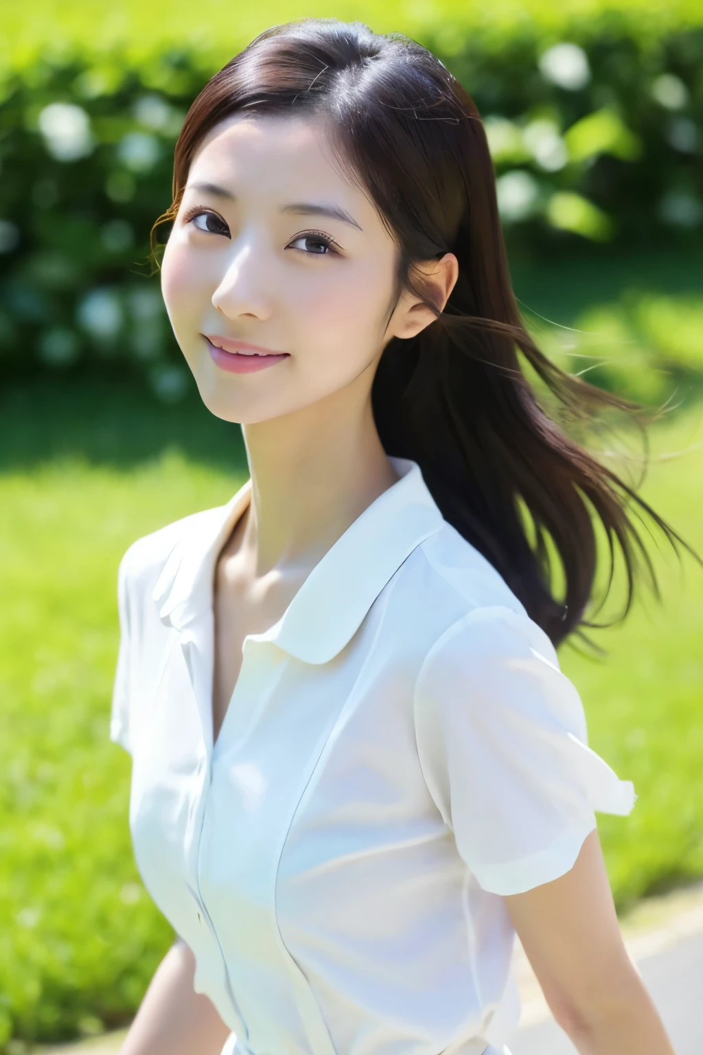 Skinny Japanese 40s woman, good wife, cute face, detailed face, detailed eyes, neat and clean, short-sleeve white shirt, walking along river, early summer, fine weather, clear sky, green fields, portrait