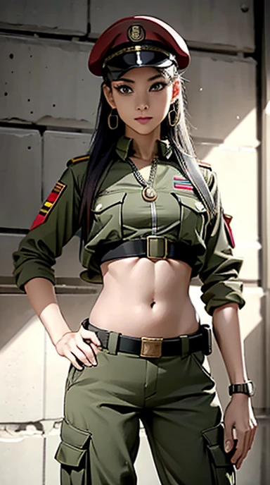 
Women in crop top soldier uniform, soldier hat, medal on the chest,  exposed abdomen area, very low waist cargo pants, navel piercing , 45 years-old, high ranking , standing, 