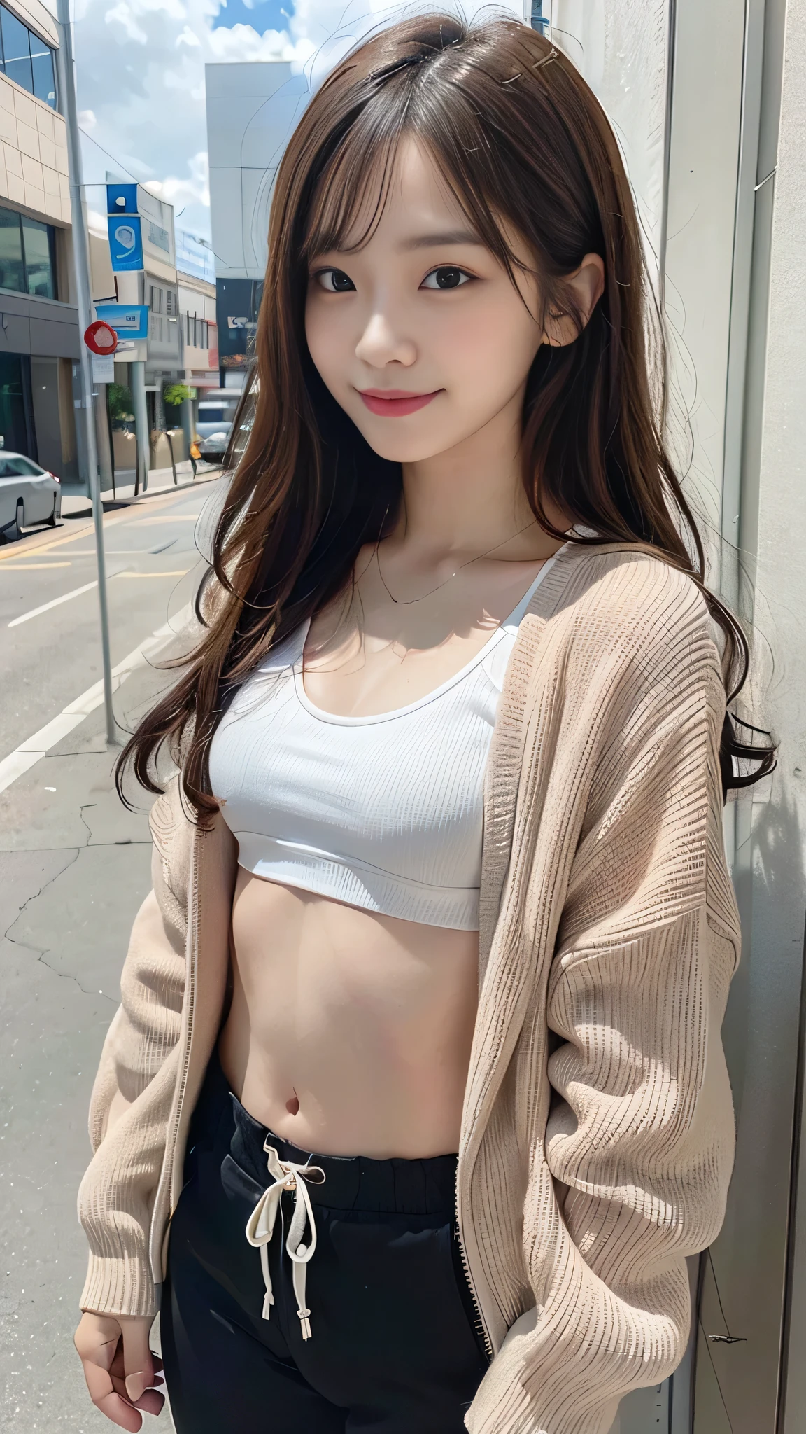 highest quality, Ultra-high resolution, (Realistic:1.4), One girl, A loose, oversized black jacket, White sports bra, (Yoga pants:1), (Light brown hair:1.2), View Viewer, smile, (Slender and beautiful girl)、(Small waist)、(Mid-chest:1.2)、