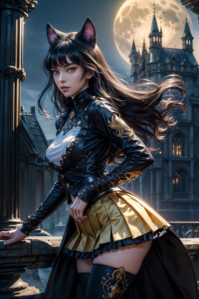 (masterpiece,stunning girlfriend, (standing:1.1), dynamic pose, heart shaped face, elegant face, beautiful face, highly detailed face, highly detailed skin, skin pores, subsurface scattering, realistic pupils, looking at viewer, full lips, detailed background, depth of field, atmospheric perspective, volumetric lighting, sharp focus, absurdres, realistic proportions, good anatomy, (realistic, hyperrealistic:1.4), 16k hdr, (masterpiece, best quality), intricate details, 1girl, blake_belladonna, gmuniform, pleated skirt, blue thighhighs, black and gold uniform, standing outside, tall gothic castle, night, stars, moon, crowd