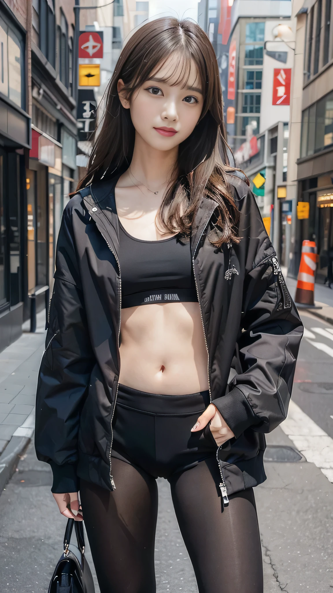 highest quality, Ultra-high resolution, (Realistic:1.4), One girl, A loose, oversized black jacket, White sports bra, (Yoga pants:1), (Light brown hair:1.2), View Viewer, smile, (Slender and beautiful girl)、(Small waist)、(Mid-chest:1.2)、