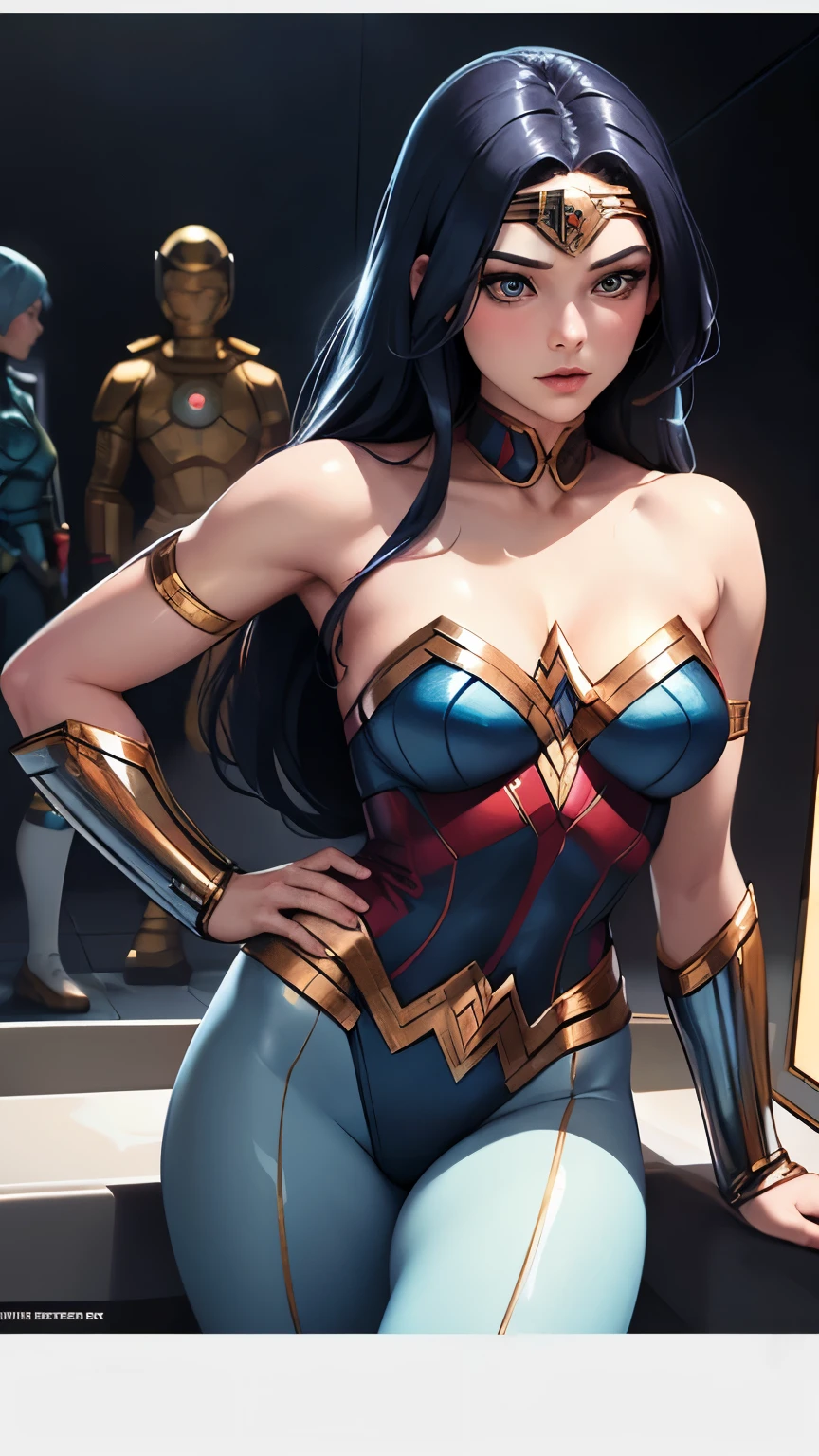 Close-up of a woman in erotic clothing and a group of aliens, james jean soft light 4k, adequate : :, Decorative Arts, Portrait of Wonder Woman, Inspired by Noriyoshi Oi,Mechanized female soldier, In the bathroom : :