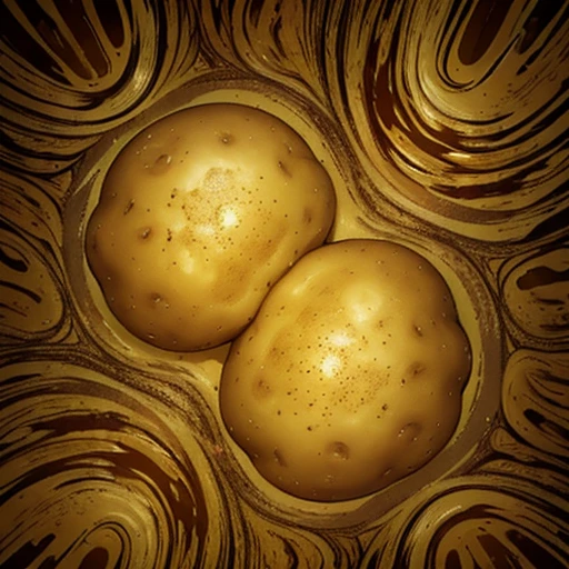 (Potatoes mutated, secreting strange chemicals), abstract, distorted reality, Illusion, yellow-brown tone, illustration