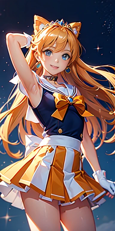 masterpiece, highest quality, High resolution, Venus 1, 1 girl, alone, Sailor Warrior Uniforms, Sailor Venus, aino minako, Blonde, Magical girl, blue eyes, Orange Skirt, Elbow-length gloves, tiara, 20% pleated mini skirt , Hair Bow, Orange Sailor Necklace, mini skirt, choker,  orange choker, White gloves, Very long hair, jewelry, Earrings, Denim Shot, Bottom View, ((Intricate details)), smile