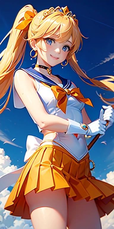 masterpiece, highest quality, High resolution, Venus 1, 1 girl, alone, Sailor Warrior Uniforms, Sailor Venus, aino minako, Blonde, Magical girl, blue eyes, Orange Skirt, Elbow-length gloves, tiara, 20% pleated mini skirt , Hair Bow, Orange Sailor Necklace, mini skirt, choker,  orange choker, White gloves, Very long hair, jewelry, Earrings, Denim Shot, Bottom View, ((Intricate details)), smile
