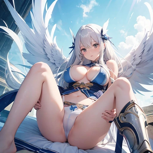 masterpiece, highest quality, High resolution,  Long Hair，、Drooping eyes，barefoot，Looking up，Embarrassed face，Angle from below、Big Breasts、The white underwear is transparent、White Hair,In town、The legs are thin、Clothes are wet、The clothes are torn，Gravure photoshoot、White feathers growing、Legs wide open、Put on the celestial armor、Equip a sword、Angel Cosplay、fly in the blue sky