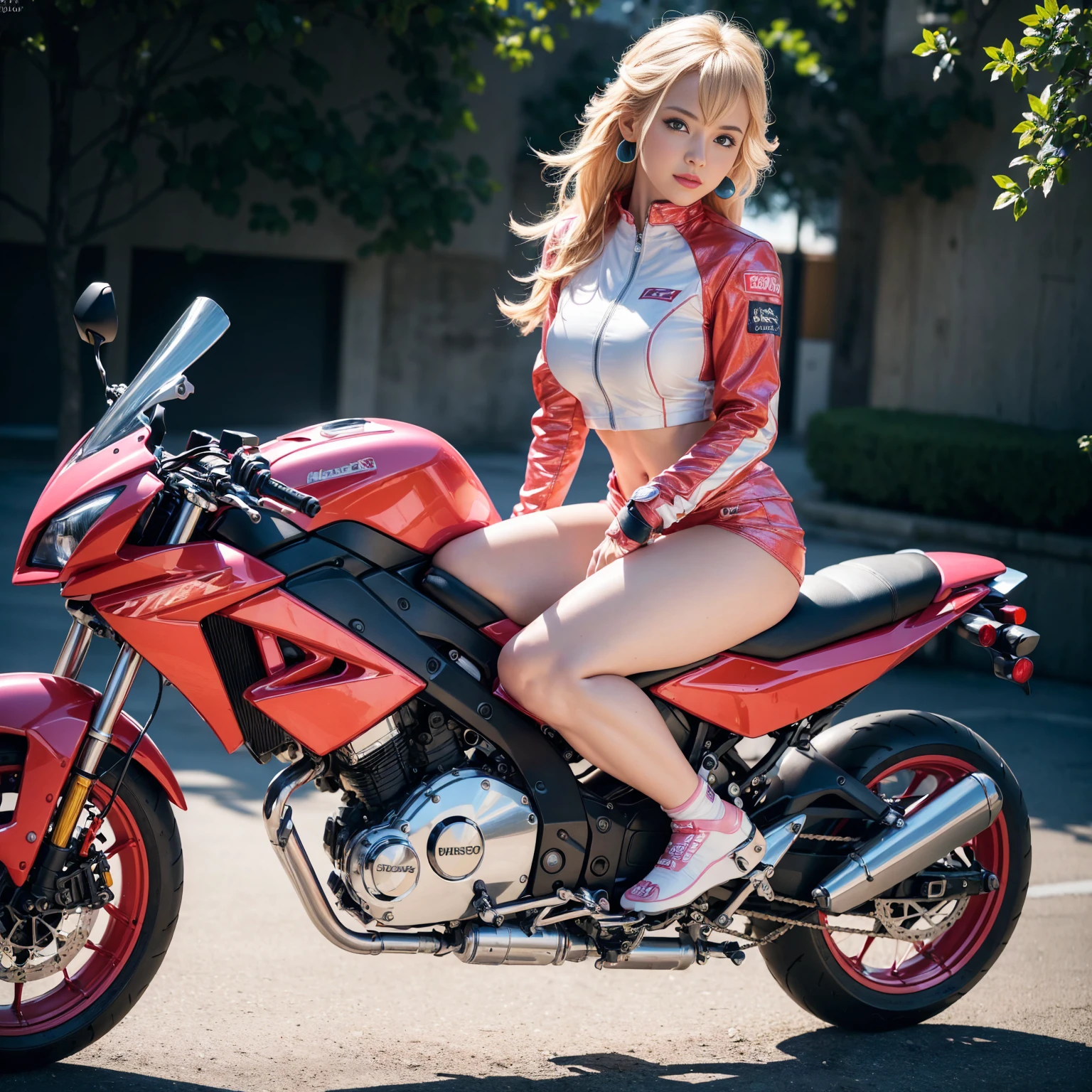 ((Masterpiece)), (high resolution:1.4), (sitting on a pink motorbike:1.2), (full body:1.4), (gp circuit), (european youth  woman:1), 1girl, princess_peach, full pink motorcycle suit,  looking at viewer, beautifull smile, beautiful face, highly detailed skin, skin pores, (highly detailed face:1.1), (highly detailed eyes:1.1), realistic pupils, full face blush, full lips, (perfect anatomy:1.1), (perfect proportions:1.1), (photography:1.1), (photorealistic:1.1), volumetric lighting, dynamic lighting, real shadows, (highres:1.1), sharp focus, (realistic, hyperrealistic:1.4), intricate, high detail, dramatic, subsurface scattering, big depth of field, vivid, polished, sharpened, ((full Sharp)), (extremely absurdres), 16k hdr