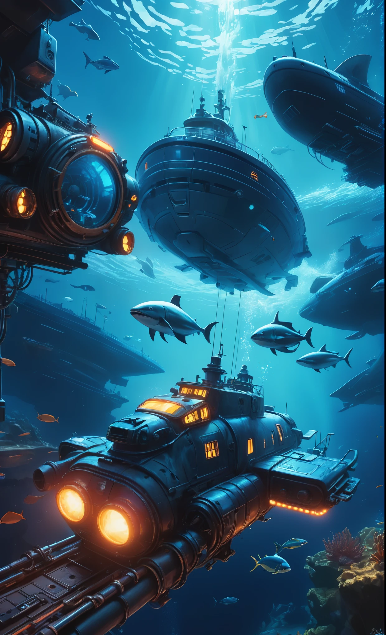 Nazare Subnautica vol.2 - New Nazare, by Luis Duarte, Nanopunk, blue shading, Nazare style, Element Water, Mythpunk, Graphic Interface, Space Art, Sci-Fic Art, Dark Influence, NijiExpress 3D v3, Kinetic Art, Datanoshing, Oilpainting, Ink v3, Splash style, Abstract Art, Abstract Tech, Cyber Tech Elements, Futuristic, Epic style, Illustrated v3, Deco Influence, AirBrush style, drawing