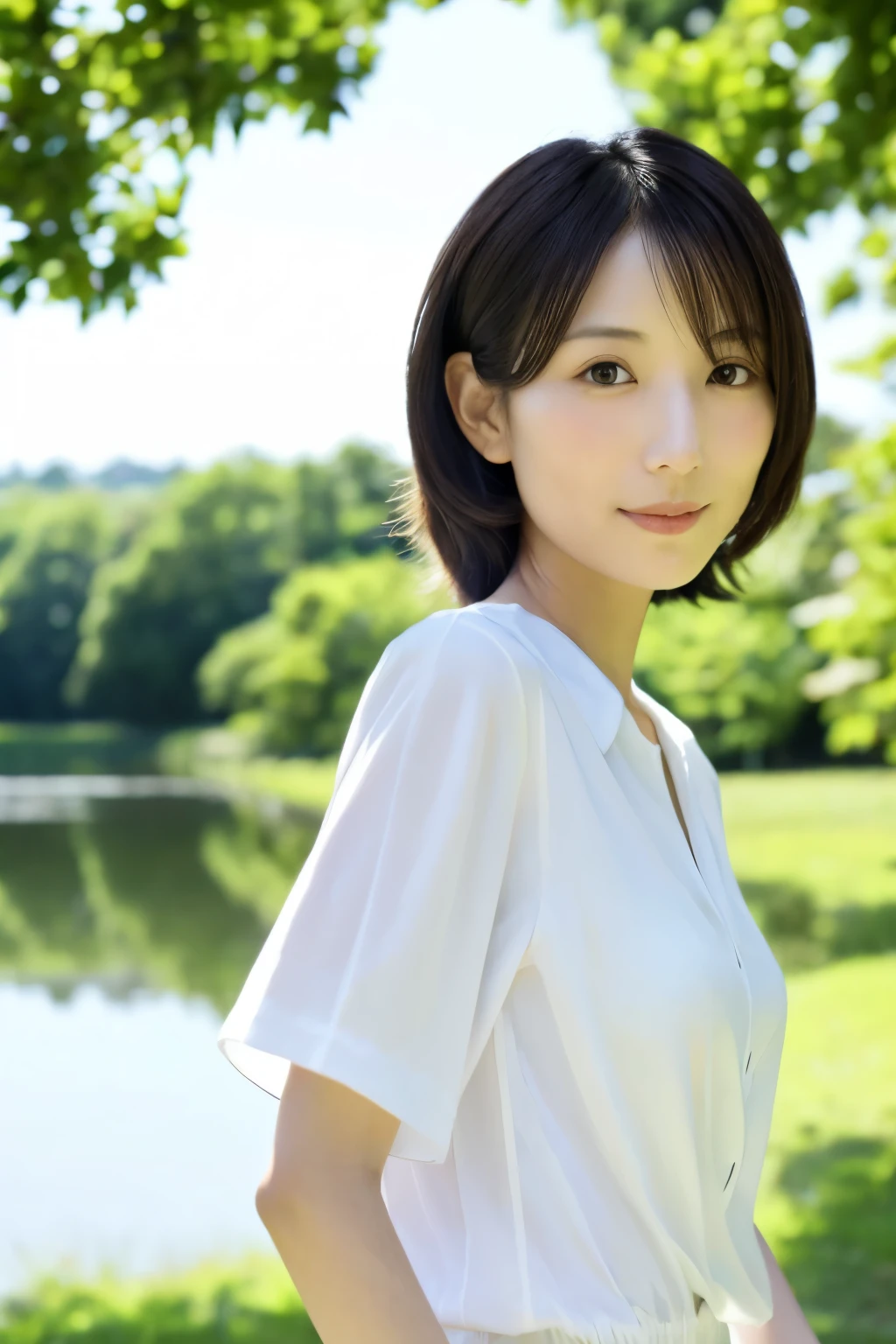 Skinny Japanese 40s woman, good wife, cute face, detailed face, detailed eyes, neat and clean, short-sleeve white shirt, walking along river, early summer, fine weather, clear sky, green fields, portrait