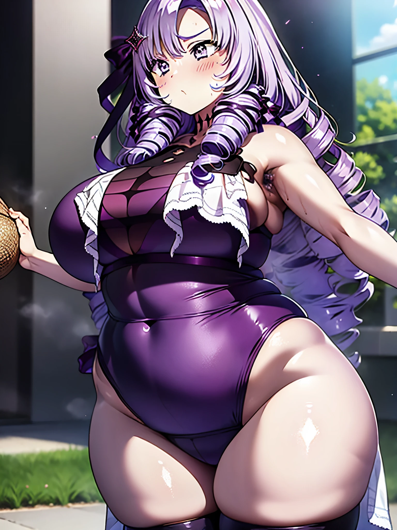 A girl wearing a one-piece swimsuit, Curvaceous loot, Purple Hair,Purple Eyes,Muscular!!,Blushed,steam,Sweat,Steam coming from the body,BIG Boned,Large swollen areola visible through clothes,Show your armpits,sleeveless,Squat