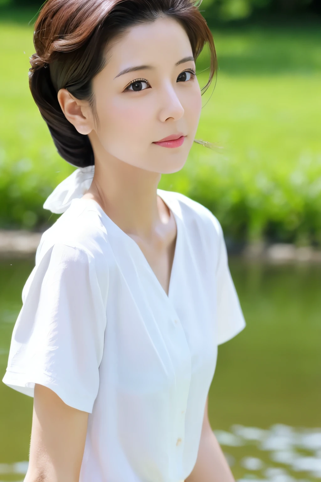 Skinny Japanese 40s woman, good wife, cute face, detailed face, detailed eyes, neat and clean, short-sleeve white shirt, walking along river, early summer, fine weather, clear sky, green fields, portrait