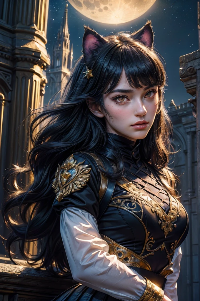 (masterpiece,stunning girlfriend, (standing:1.1), dynamic pose, heart shaped face, elegant face, beautiful face, highly detailed face, highly detailed skin, skin pores, subsurface scattering, realistic pupils, looking at viewer, full lips, detailed background, depth of field, atmospheric perspective, volumetric lighting, sharp focus, absurdres, realistic proportions, good anatomy, (realistic, hyperrealistic:1.4), 16k hdr, (masterpiece, best quality),  intricate details, 1girl,   blake_belladonna, gmuniform, pleated skirt, blue thighhighs,  black and gold uniform, standing outside, tall gothic castle, night, stars, moon, crowd