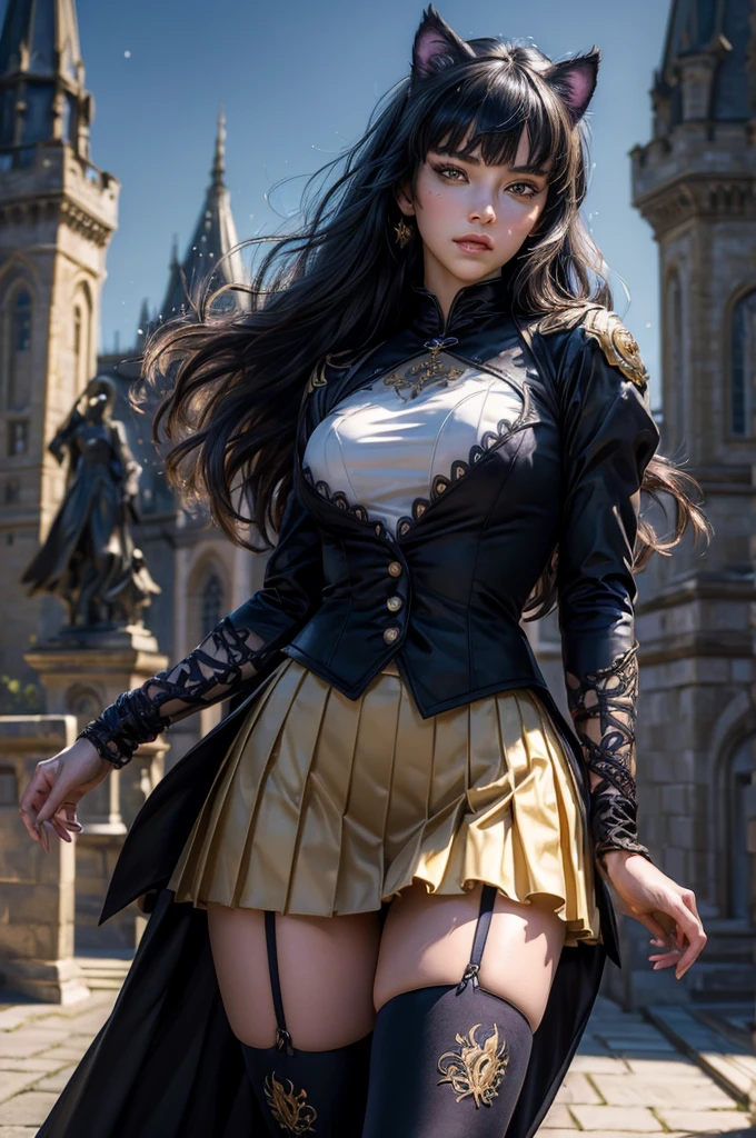 (masterpiece,stunning girlfriend, (standing:1.1), dynamic pose, heart shaped face, elegant face, beautiful face, highly detailed face, highly detailed skin, skin pores, subsurface scattering, realistic pupils, looking at viewer, full lips, detailed background, depth of field, atmospheric perspective, volumetric lighting, sharp focus, absurdres, realistic proportions, good anatomy, (realistic, hyperrealistic:1.4), 16k hdr, (masterpiece, best quality),  intricate details, 1girl,   blake_belladonna, gmuniform, pleated skirt, blue thighhighs,  black and gold uniform, standing outside, tall gothic castle, night, stars, moon, crowd