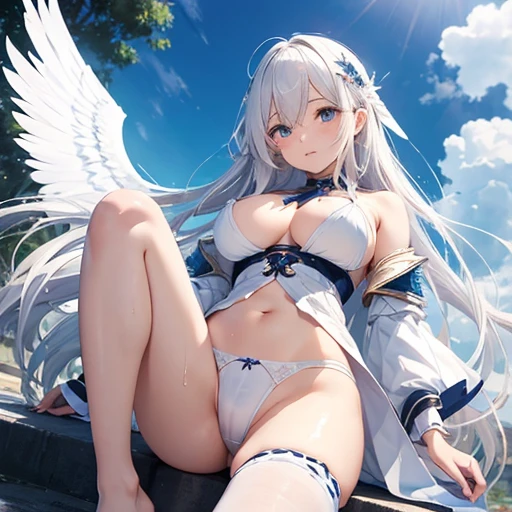 masterpiece, highest quality, High resolution,  Long Hair，、Drooping eyes，barefoot，Looking up，Embarrassed face，Angle from below、Big Breasts、The white underwear is transparent、White Hair,In town、The legs are thin、Clothes are wet、The clothes are torn，Gravure photoshoot、White feathers growing、Legs wide open、Put on the celestial armor、Equip a sword、Angel Cosplay、Ahegao