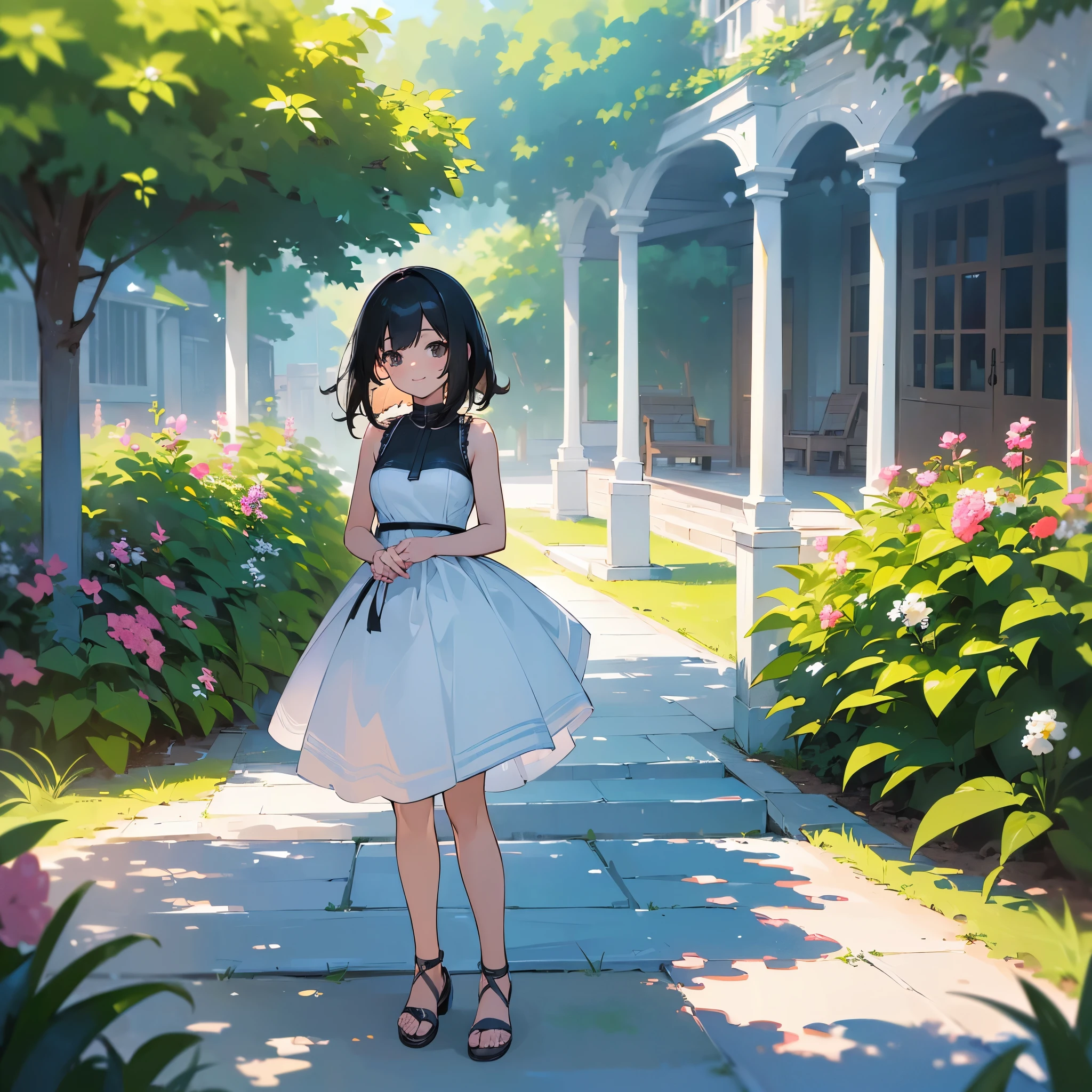 (high quality, High resolution, Very detailed, reality:1.37), Peaceful atmosphere, (Outdoor, garden), Teenage girl standing alone, (my breasts are big.), Beautiful details, Cute Smile, (Black bob hair), White sleeveless dress, Sandals.
