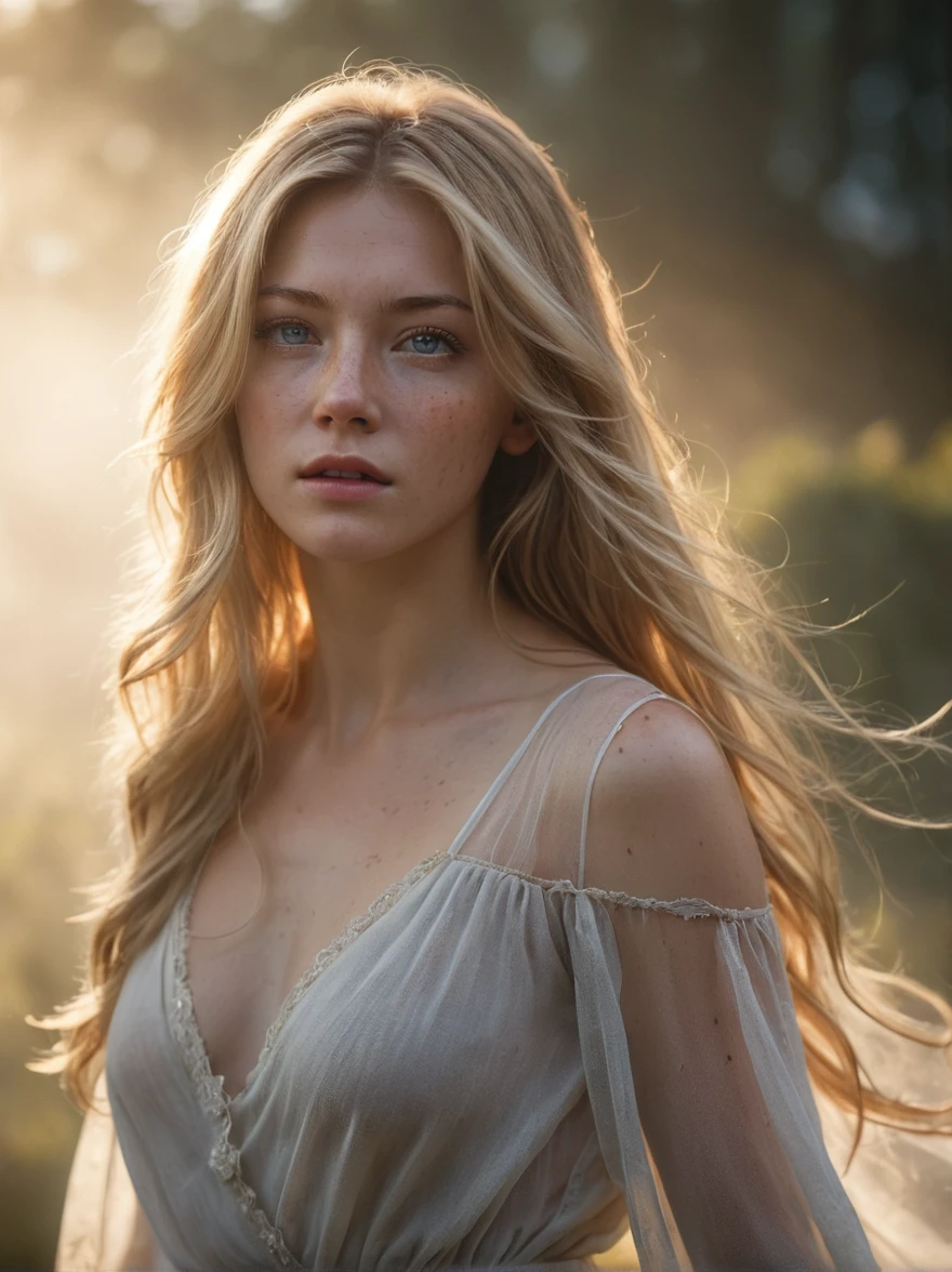 breathtaking,glowing,robe,(fog,:1.4) (mist:1.4),1girl,beautiful,long hair,perfect eyes,solo,(photorealistic:1.4),cowboy shot,cinematic angle,motion blur,Long hair fluttering in the wind,long,wave,blonde hair,freckles,Thorough,analog style,female focus,highest quality,(highly detailed skin),perfect face,skin pores,(bokeh:0.6),sharp focus,dappled lighting,(backlighting:0.7),film grain,photographed on a Sony A7R IV,18mm F/1.7 cine lens,(highly detailed, intricately detailed),8k,HDR,front view,(full body visible:1.2) . award-winning,professional,highly detailed,golden hour,