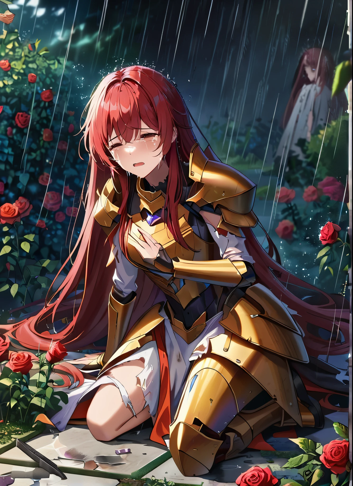 A girl, kneeling in the floor, wearing a shattered and broken princess golden armor, missing pieces, damaged armor ,ripped clothes, broken helmet ,broken shield  and broken sword, in tears, sad, red hair, ultra long hair dramatic scene, tears flowing in the face, garden, roses, rain, ultra detailed face 