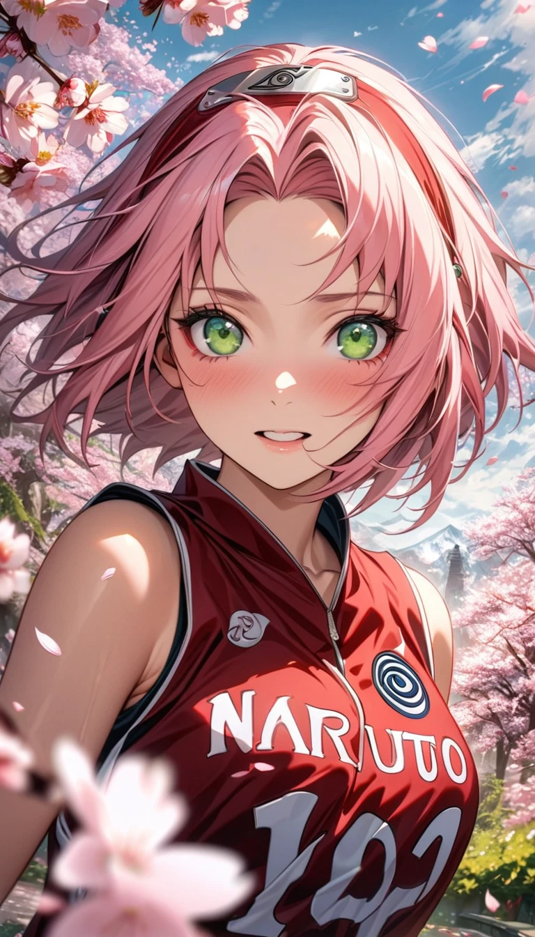 Ultra detailed, Highres, HDR, absurdres, Haruno Sakura, expressive green eyes, pink short hair, woman, extremely beautiful, Naruto Shippuden, solo, extremely detailed face and eyes, petals, blossoms, spring, master piece, basketball uniform, cherry blossoms, butterflies