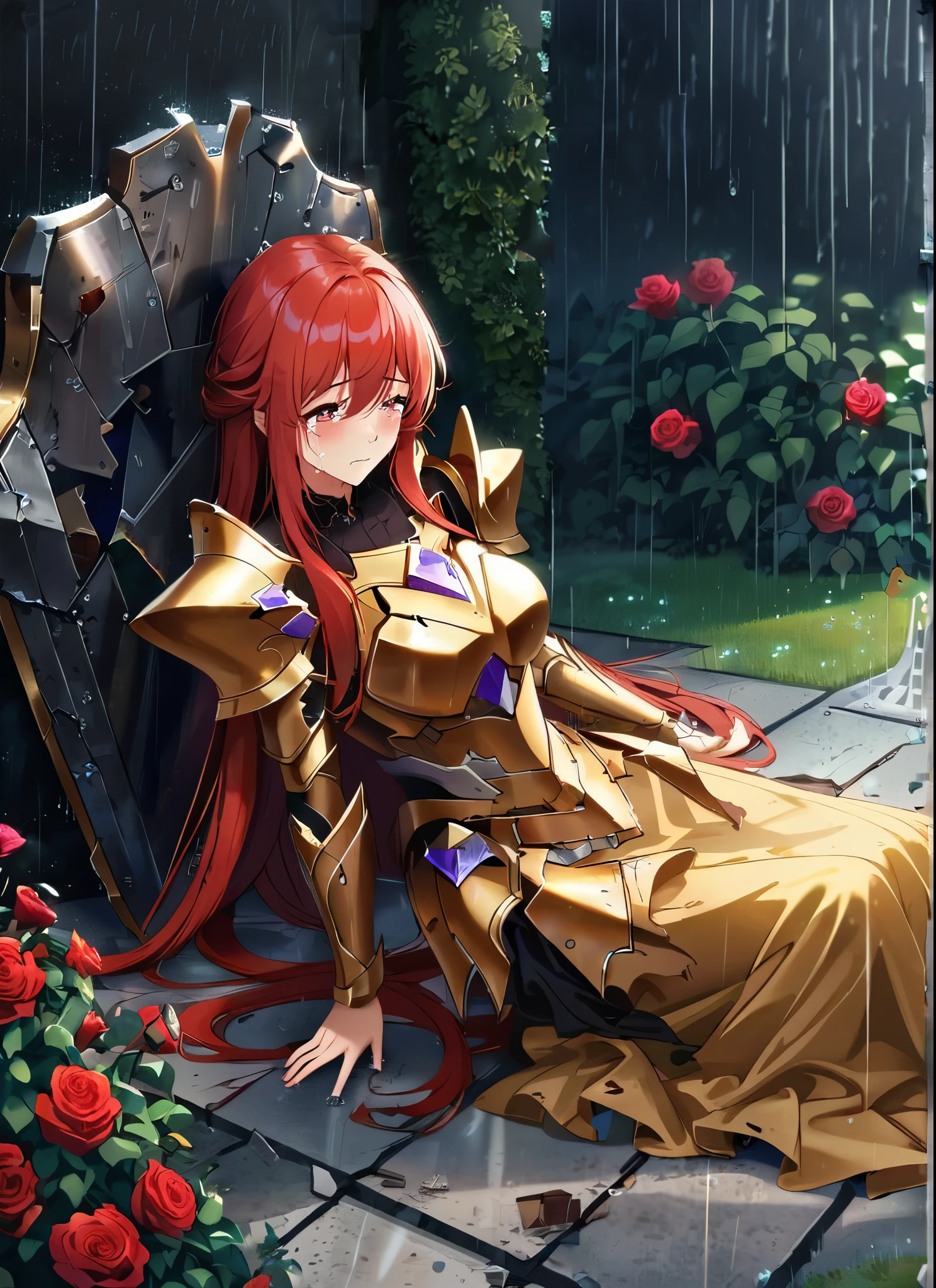 A girl, kneeling in the floor, wearing a shattered and broken princess golden armor, missing pieces, damaged armor ,ripped clothes, broken helmet ,broken shield  and broken sword, in tears, sad, red hair, ultra long hair dramatic scene, tears flowing in the face, garden, roses, rain, ultra detailed face 