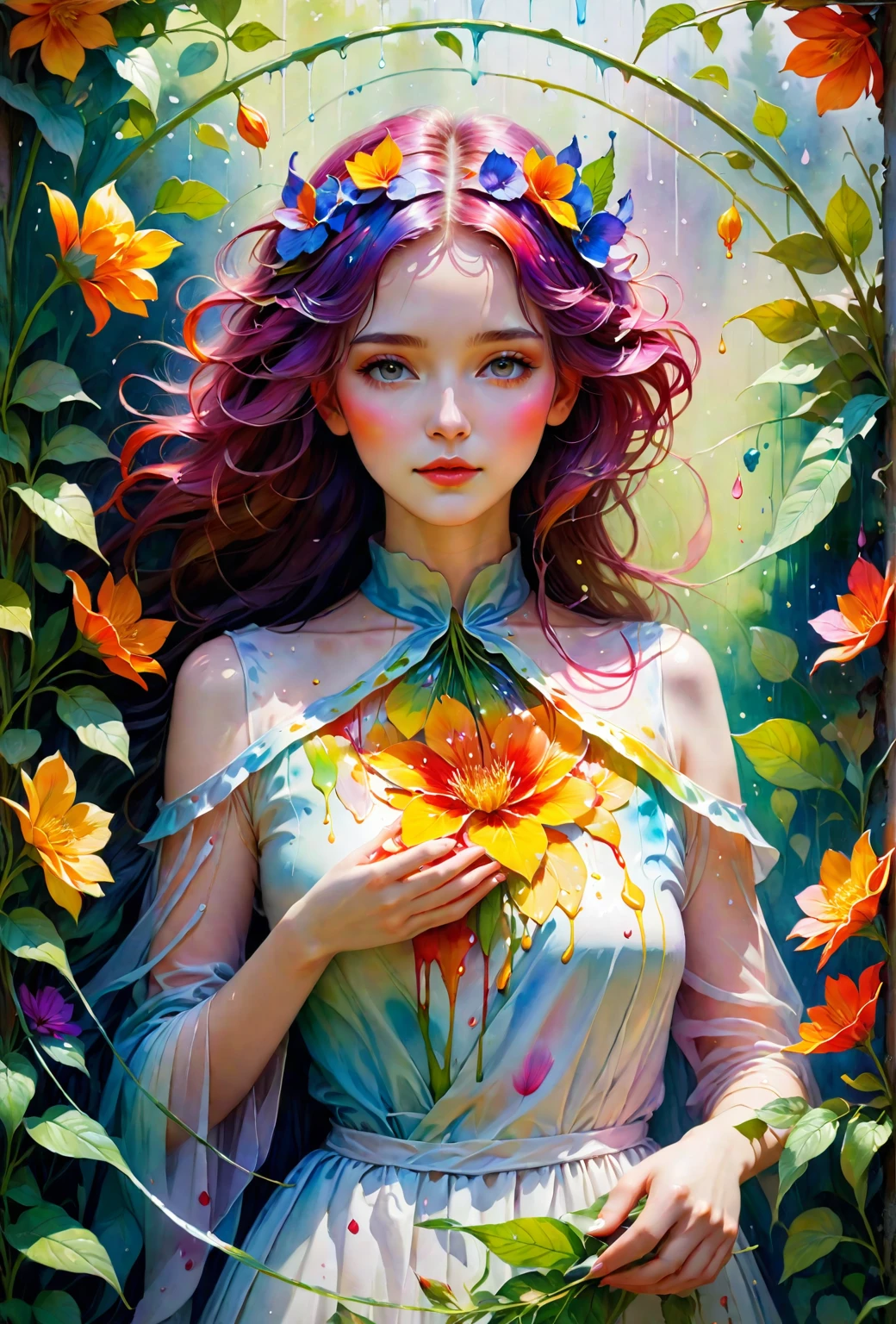 High quality, masutepiece, watercolor paiting, Cleaning technology, Colorful, Paint dripping and scattered, Paintings like Agnes Cecil, Blurry, Pale touch, Dirty outlines, Like in a fairy tale, Beautiful woman made of flower coloring, Feminine expression using flowers and plants, Cut and combine petals and leaves, Using flower colors and shapes to draw women's hair or dresses, Bright colors and nature, luminism, 3D Effects, Enhanced beauty, Albert Anker, Feel like John Howe, Greg Rutkowski, ArtGerm, wlop, luminism, isometric, by Yukisakura, awesome full color,