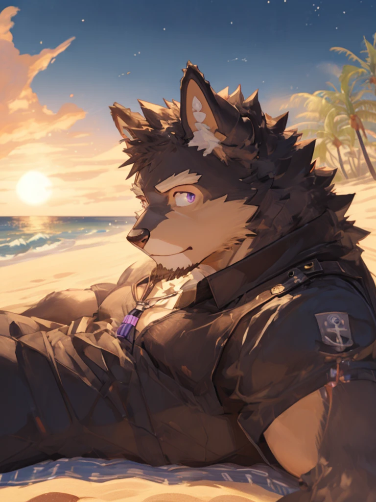 (Beautifully),(Excellent Works),(best quality),german shepherd orc(male),Big muscles,Cool pose,Purple eye color,Black eyelashes,Lots of hair on the neck,A faint smile,With a purple heart crystal on the chest,Black short-sleeved T-shirt,Hawaiian shorts,lying on a beach,Looking up at the starry sky and the sea alone,孤独Aesthetic,Full body front view,(A masterpiece of light and shadow),(Aesthetic),(Ultra-clear image quality)