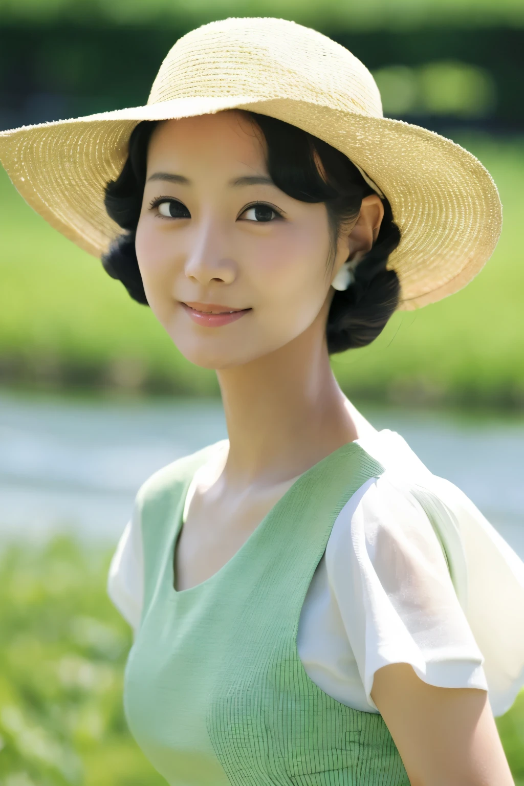 Skinny Japanese 40s woman, good wife, cute face, detailed face, detailed eyes, neat and clean, short-sleeve white shirt, walking along river, early summer, fine weather, clear sky, green fields, portrait