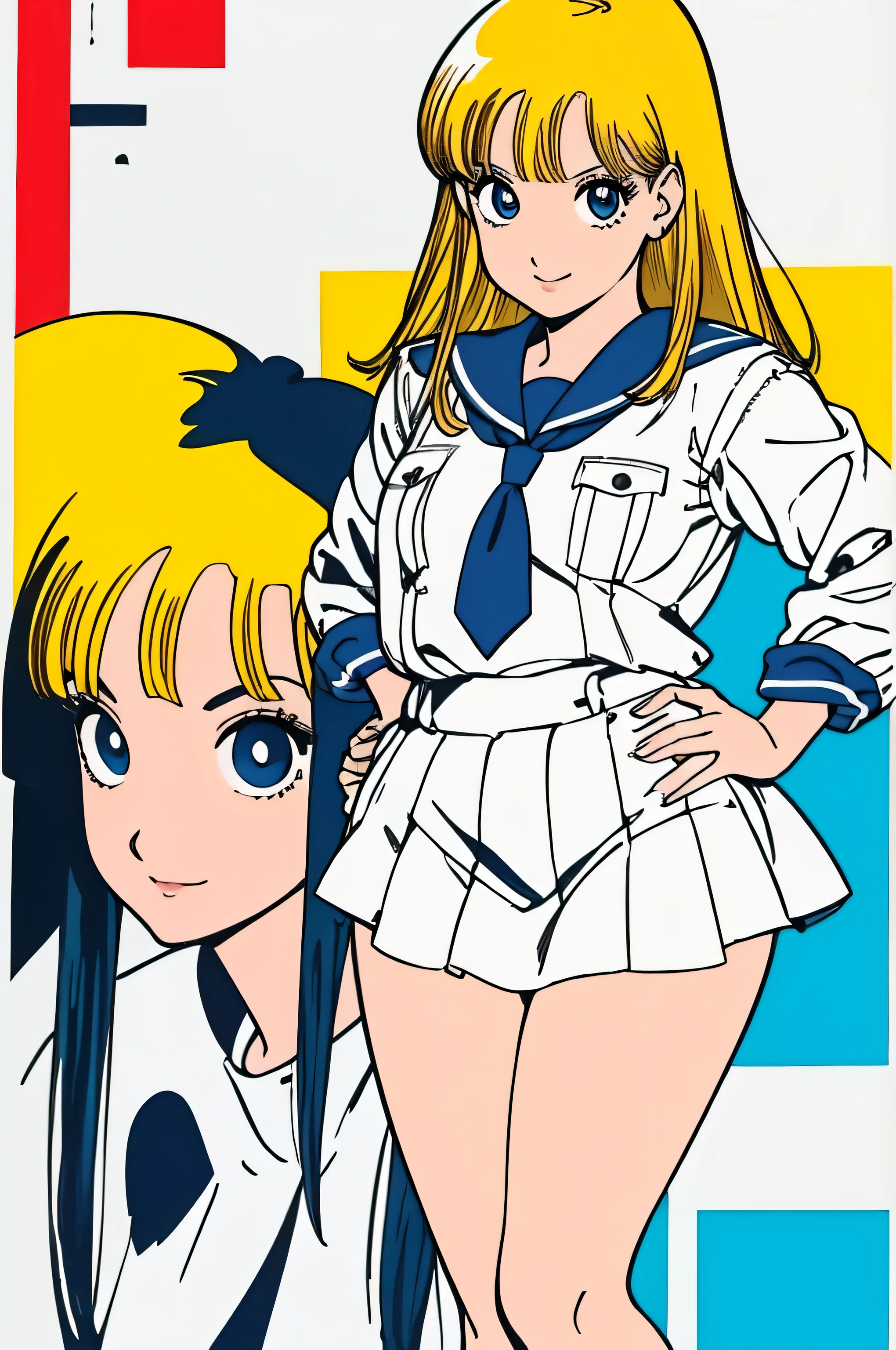 (Masterpiece Anime, Retro art style, Clean brush strokes, Very detailed, Perfect Anatomy, Browsing Caution), City Background, (Above the knee shot), (hibarikun), 1Girl, Eyebrows visible through hair, bangs, Blonde Hair, Blue eyes, (Sansakumaru:1.4), (Beautiful and realistic eyes:1.5), Confident々Smile, High Body, Long and beautiful legs, (Mid-chest:1.7), (Cute pose), (Sailor suit top), (Sailor suit miniskirt, Navy blue), Leather student bag,