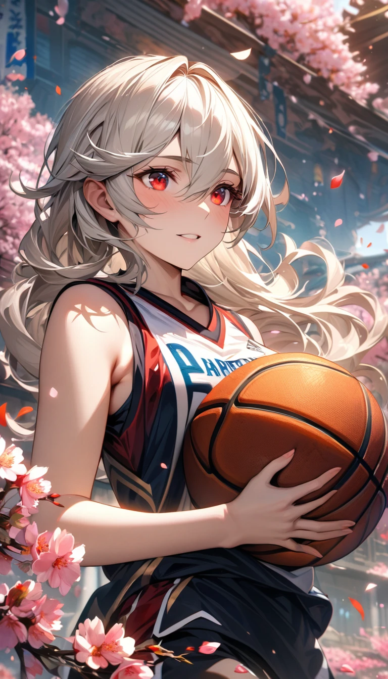 absurdres, highres, ultra detailed, HDR, masterpiece, extremely detailed face and eyes, Corrin, white hair, expressive red eyes, Fire Emblem Fates, solo, woman, extremely beautiful, basketball uniform, spring, blossoms, petals