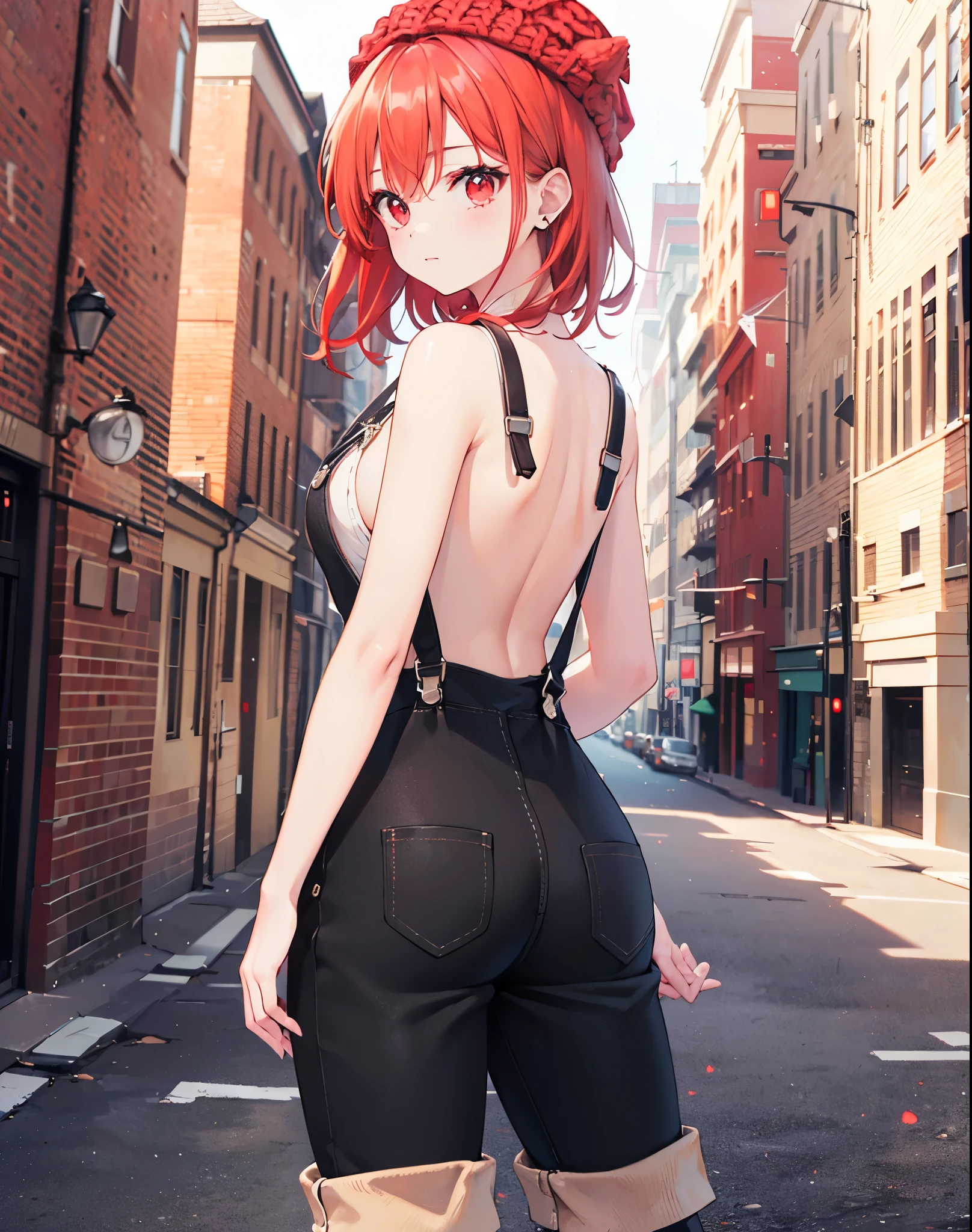 Realistic,highest quality, Ultra Detail, High-quality CG rendering, The most delicate and beautiful, Floating softly, High resolution, (1 girl), (Highest quality,4K,8K,masterpiece:1.2),(All red hair:1.5), (ponytail:1.5),(Red eyes:1.5),(Slightly larger breasts:1.2), (Beige overalls:1.3),(Pure white inner T-shirt:1.3),(Black boots:1.3)、(Brown Beret:1.3)、Piercing in left ear,In the city,old buildings,(Turn your back to your audience:1.3),Ass,(whole body:1.3)