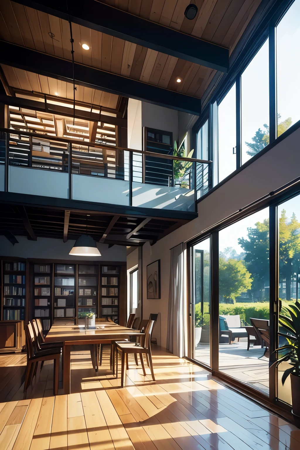 (Best quality, 4K, 8K, high-resolution, masterpiece: 1.2), ultra-detailed modern bookstore interior,
(Realistic, photorealistic, photo-realistic: 1.37), vibrant colors illuminate the spacious and well-lit room,
Large windows showcase the outside world, rows of bookshelves brimming with diverse books,
Comfortable reading nooks boast armchairs and soft lighting, minimalist design harmonizes with the wooden flooring,
High ceiling reveals exposed beams beneath, quiet and peaceful atmosphere envelops the space,
Indoor plants add a touch of nature, customers browse