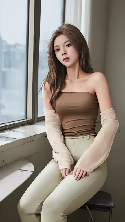 Young Teacher,sexy,light brown hair,Wear a long-sleeved t-shirt with bare shoulders.,Wear long pants.,sitting in the classroom