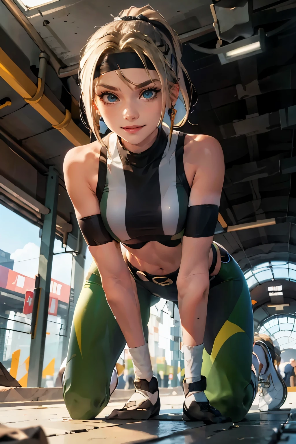 sonya, blonde hair, ponytail, earrings, headband, sports bra, midriff, green leggings, black gloves, jewelry,belt, white socks,white shoes, looking at viewer, serious,seductive smile, 
on all fours, inside a underground train station, crowd, train, bright lighting, extreme detail, masterpiece,  