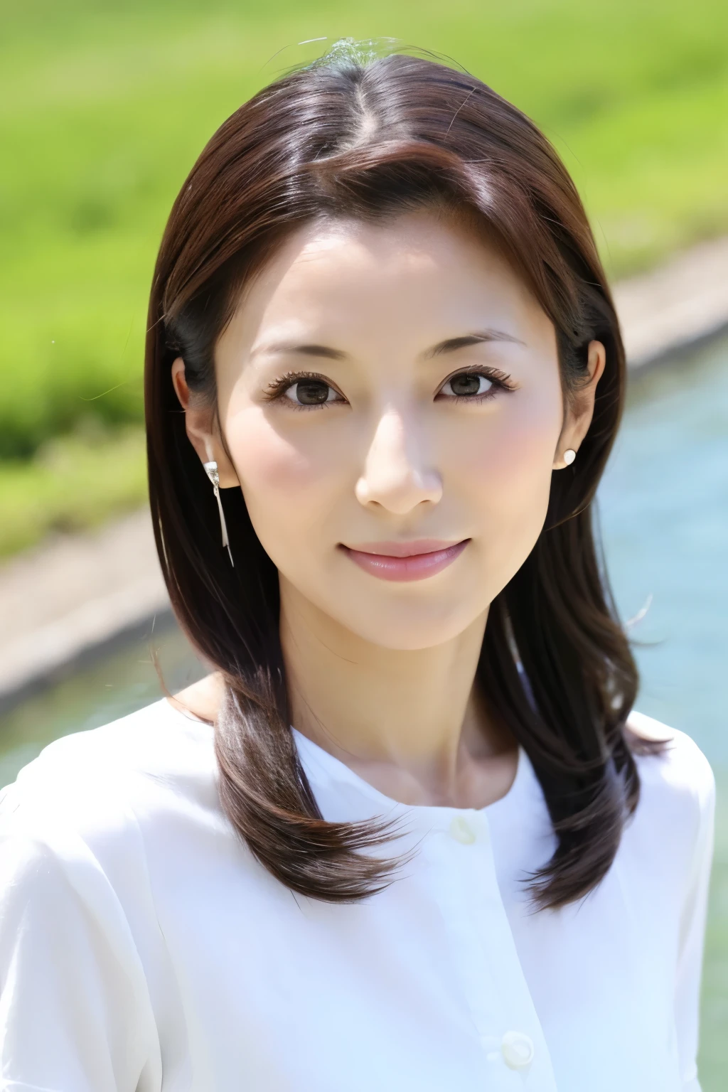Skinny Japanese 40s woman, good wife, cute face, detailed face, detailed eyes, neat and clean, short-sleeve white shirt, walking along river, early summer, fine weather, clear sky, green fields, portrait