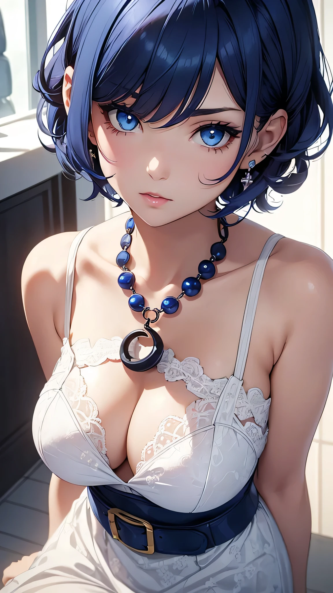 Beautiful Girl, Navy Blue Hair,short hair(Inward Curling Bob) ,blue eyes,White Dress, White lace、Big Tits、blue earrings,In close range、blue necklace、Firm breasts、belt