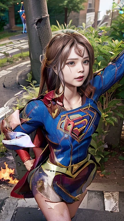 highest quality,masterpiece,Ultra-high resolution, Very detailed, 8k,(Beautiful woman),(一人のBeautiful woman),((Crucifixion:1.5)),(((cross))),(execution),((incontinence)),Scared,torture,slave,((crossにCrucifixionにされた女性:1.5)),Crucifixion刑,((Supergirl:1.5)),Blue Suit,Superman logo on chest,Red Skirt,Red Boots,((Torn costume:1.5)),((Tearing of clothes:1.5)),(Tattered clothes:1.5),Beaten face,顔にTraces of being beaten,((Bruises on the body)),Body scars,Facial and body injuries,(Bruise, dirty, Torn clothes, Revealing clothing, Blood:1.3),Traces of being beaten,Defeated heroine,A ruined world,Remains,ruins,(Burning at the stake),((Roasted by fire:1.2)),Inflammation,(Inflammationに包まれている),足下にInflammation,Browsing Caution