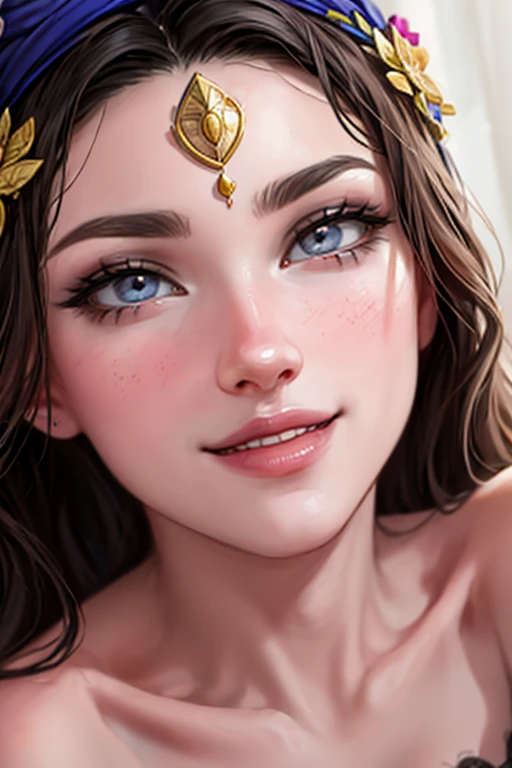 close-up de um lindo rosto feminino, olhos lindos, intricado, decote, soft lips, sorridente, Danadinho, olhar sedutor, sardas, coroa, joia,closeup corpo inteiro
