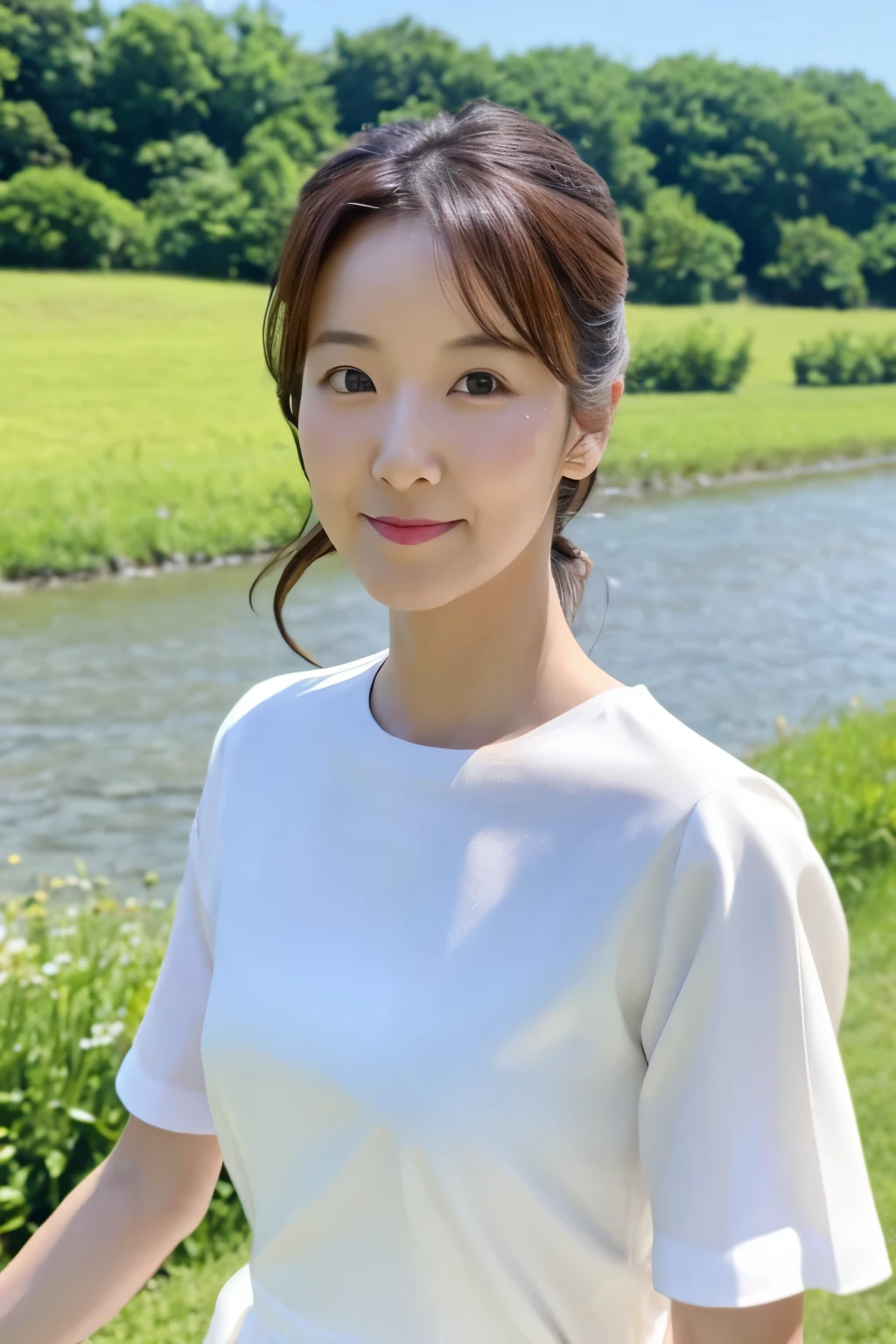 Skinny Japanese 40s woman, good wife, cute face, detailed face, detailed eyes, neat and clean, short-sleeve white shirt, walking along river, early summer, fine weather, clear sky, green fields, portrait