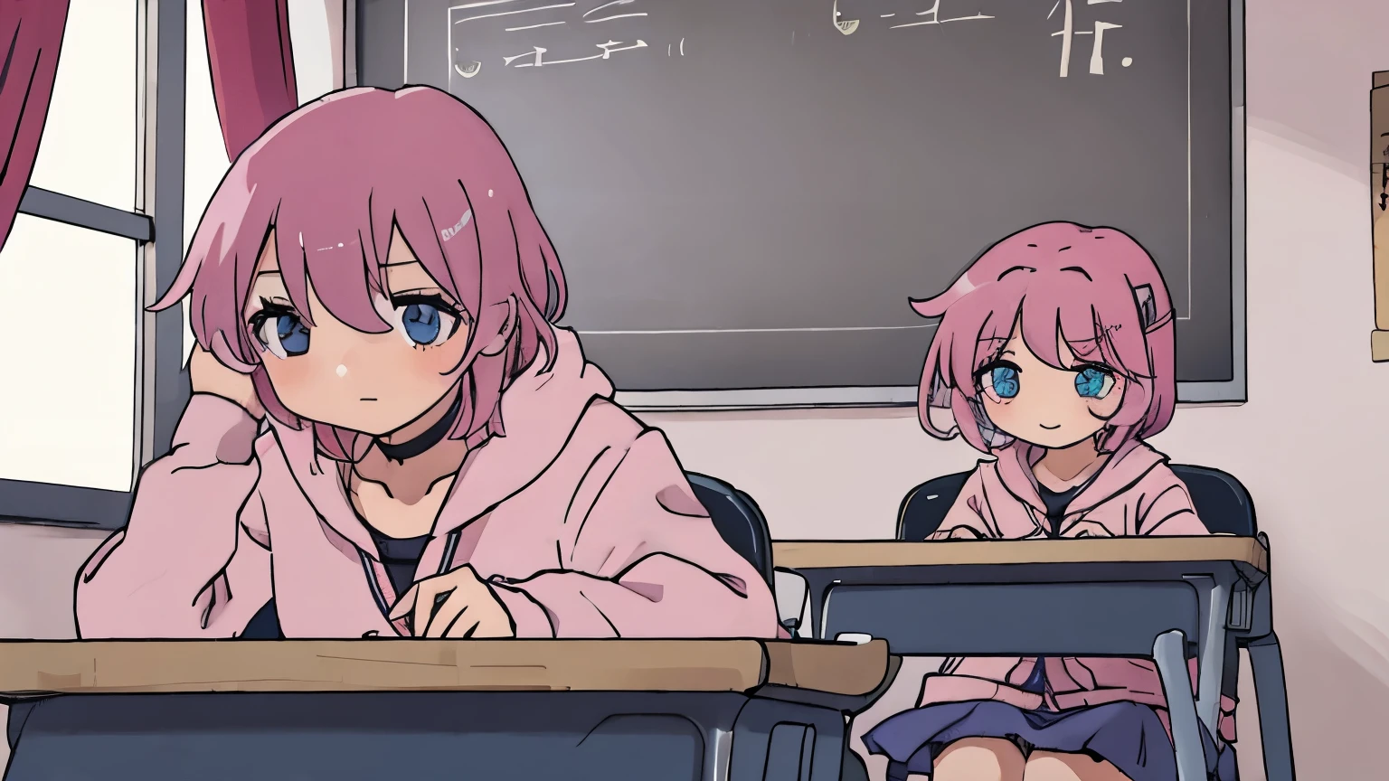 anime girl, short pink hair, pink hoodie, blue skirt, black legwear, choker, school, sitting in chair school desk writing