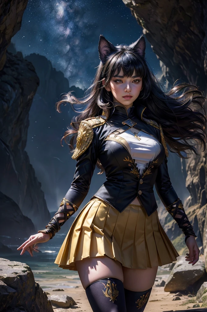 (masterpiece,stunning girlfriend, (standing:1.1), dynamic pose, heart shaped face, elegant face, beautiful face, highly detailed face, highly detailed skin, skin pores, subsurface scattering, realistic pupils, looking at viewer, full lips, detailed background, depth of field, atmospheric perspective, volumetric lighting, sharp focus, absurdres, realistic proportions, good anatomy, (realistic, hyperrealistic:1.4), 16k hdr, (masterpiece, best quality), intricate details, 1girl, blake_belladonna, gmuniform, pleated skirt, blue thighhighs, black and gold uniform, standing outside, night, stars, moonlight, cave entrance, underground river, rocks, crowd