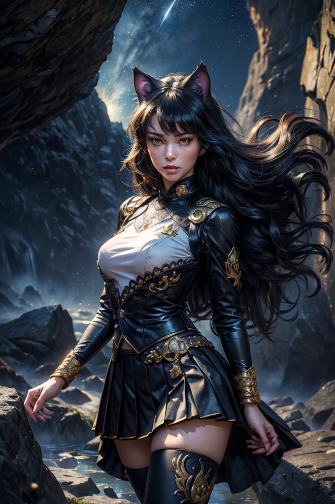 (masterpiece,stunning girlfriend, (standing:1.1), dynamic pose, heart shaped face, elegant face, beautiful face, highly detailed face, highly detailed skin, skin pores, subsurface scattering, realistic pupils, looking at viewer, full lips, detailed background, depth of field, atmospheric perspective, volumetric lighting, sharp focus, absurdres, realistic proportions, good anatomy, (realistic, hyperrealistic:1.4), 16k hdr, (masterpiece, best quality), intricate details, 1girl, blake_belladonna, gmuniform, pleated skirt, blue thighhighs, black and gold uniform, standing outside, night, stars, moonlight, cave entrance, underground river, rocks, crowd