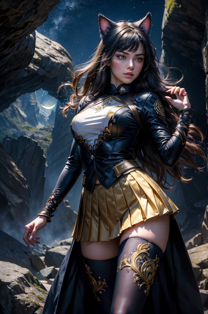 (masterpiece,stunning girlfriend, (standing:1.1), dynamic pose, heart shaped face, elegant face, beautiful face, highly detailed face, highly detailed skin, skin pores, subsurface scattering, realistic pupils, looking at viewer, full lips, detailed background, depth of field, atmospheric perspective, volumetric lighting, sharp focus, absurdres, realistic proportions, good anatomy, (realistic, hyperrealistic:1.4), 16k hdr, (masterpiece, best quality), intricate details, 1girl, blake_belladonna, gmuniform, pleated skirt, blue thighhighs, black and gold uniform, standing outside, night, stars, moonlight, cave entrance, underground river, rocks, crowd