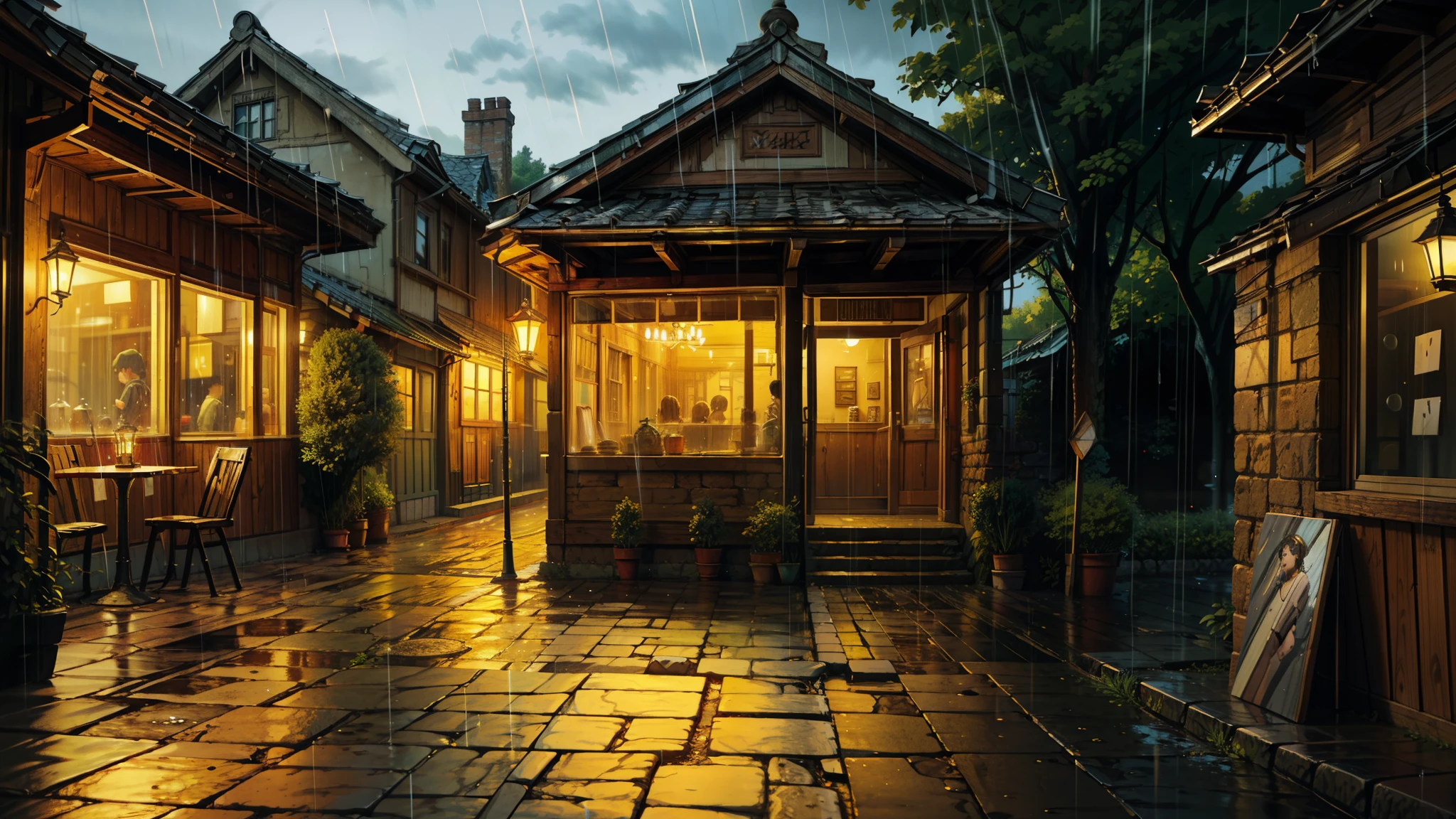 (obra de arte:1.5), (melhor qualidade), (altamente detalhado), (ultra-detalhado), Picture yourself standing in front of a charming rustic café, its facade adorned with exposed bricks, exuding a cozy and nostalgic atmosphere. Ahead of you, tables and chairs arranged on the sidewalk beckon for a moment of tranquility. The serene ambiance is accentuated by the gentle rain falling, bringing with it the refreshing scent of damp earth. Every detail of this scene, from the contours of the bricks to the raindrops dancing softly, is a visual composition that invites contemplation and the creation of memorable moments. empty ambient, nobody, nobody, don't peoples