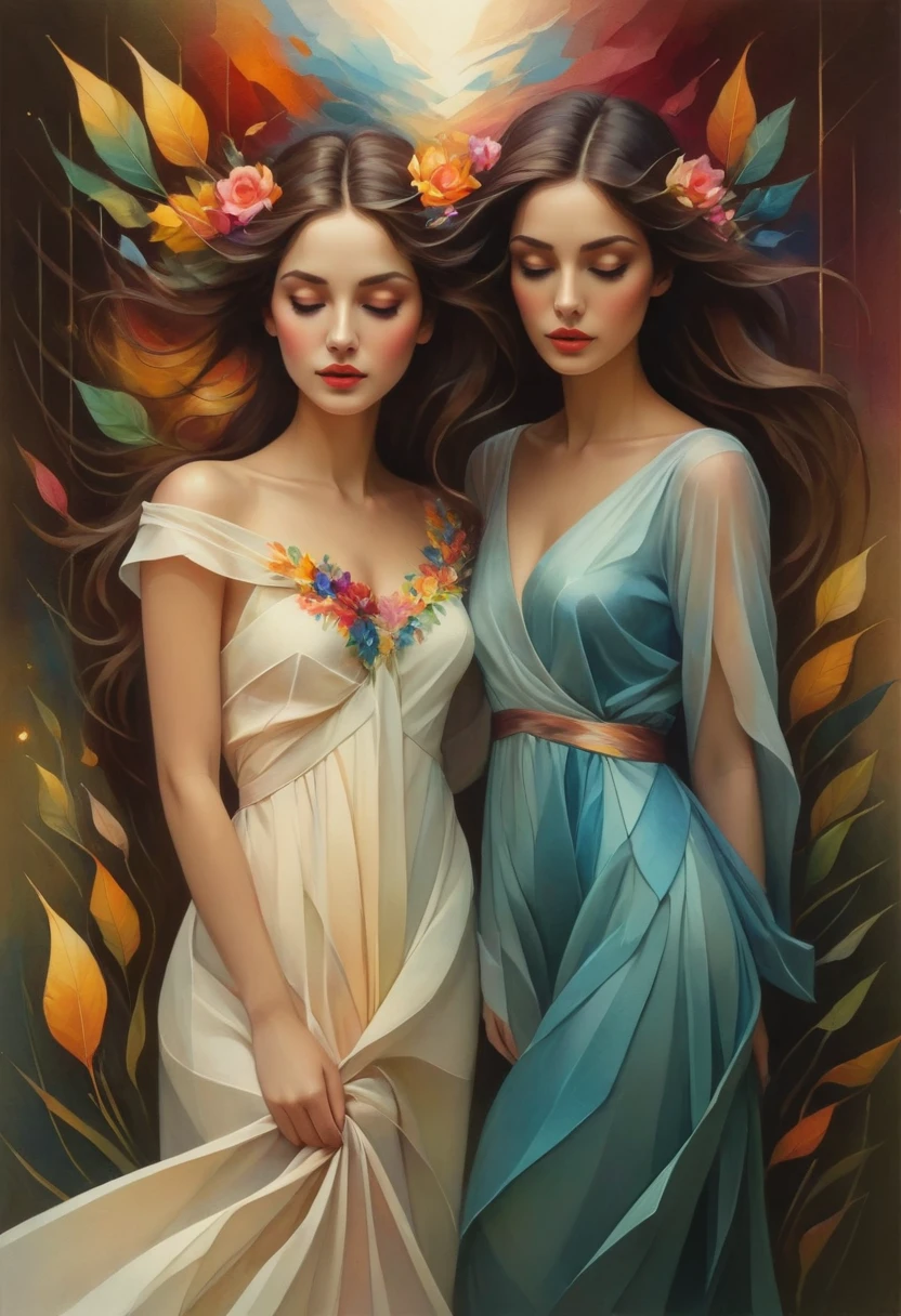 (best quality,actual,high resolution:1.2),pastel tones, painting,Impressionist strokes,from cubism, Fauvism to Surrealism and Abstraction, Beautiful and delicate eyes of a woman,Beautiful and delicate lips,flowing hair, Their artistic concepts and patterns are reflected in the clothing design.starry sky background, High quality, masutepiece, watercolor paiting, Cleaning technology, Colorful, Paint dripping and scattered, Paintings like Agnes Cecil, Blurry, Pale touch, Dirty outlines, Like in a fairy tale, Beautiful woman made of flower coloring, Feminine expression using flowers and plants, Cut and combine petals and leaves, Using flower colors and shapes to draw women's hair or dresses, Bright colors and nature, luminism, 3D Effects, Enhanced beauty, Albert Anker, Feel like John Howe, Greg Rutkowski, ArtGerm, wlop, luminism, isometric, by Yukisakura, awesome full color,