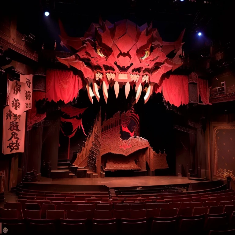 Arafet image of stage with dragon head and chair, Theater stage, 巨大なTheater stageの写真, Theater stage, 大きなTheater stageの写真, Theater stage, Magnificent Theatre, Detailed set design, Full details, footage of a Theater stage, Behind the Scenes, Photos of the Klingon Opera, Horrible environment
