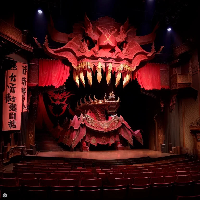 Arafet image of stage with dragon head and chair, Theater stage, 巨大なTheater stageの写真, Theater stage, 大きなTheater stageの写真, Theater stage, Magnificent Theatre, Detailed set design, Full details, footage of a Theater stage, Behind the Scenes, Photos of the Klingon Opera, Horrible environment