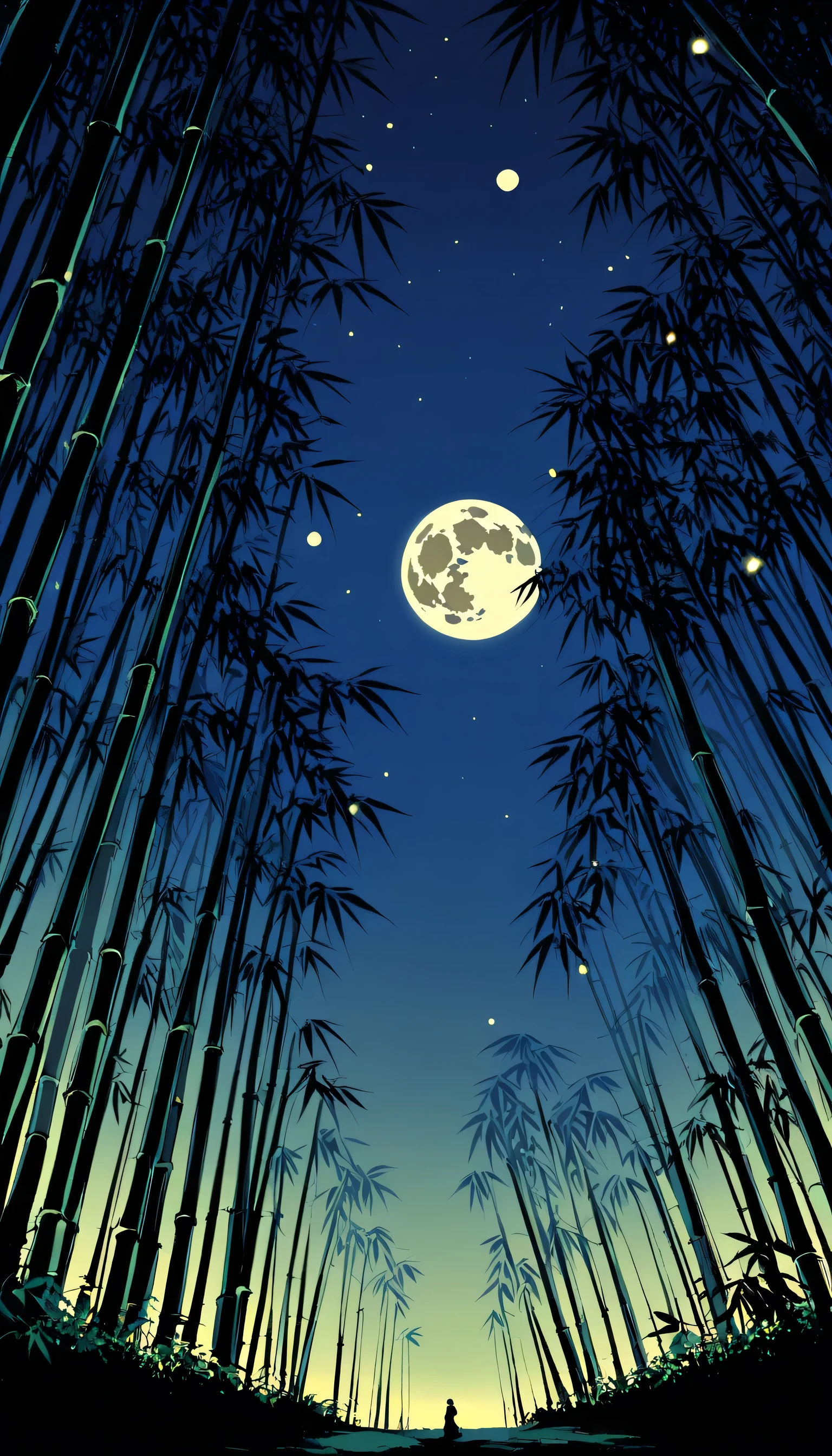 quiet night, Quiet bamboo forest, Bamboo leaves falling in the wind, Full moon in the sky, Fireflies are flying