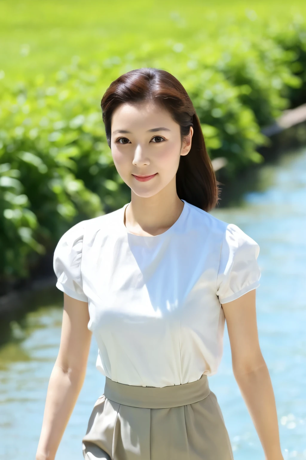 Skinny Japanese 40s woman, good wife, cute face, detailed face, detailed eyes, neat and clean, short-sleeve white shirt, walking along river, early summer, fine weather, clear sky, green fields, portrait