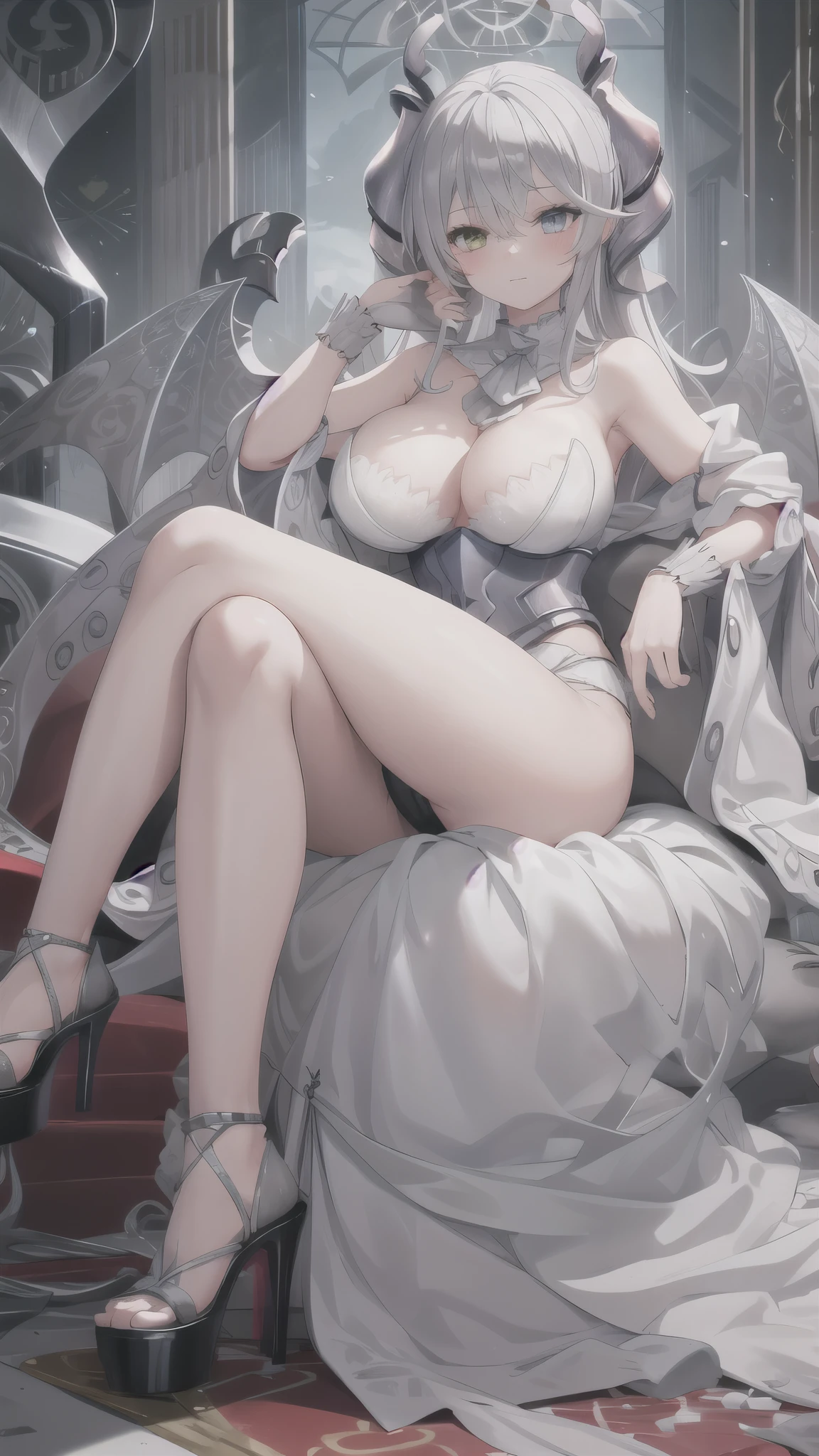 ((masterpiece,best quality)), 1 girl, labrynth, Heterochromia, long hair,large breast,silver hair , pink eye, horn, black underwear, high heels, sitting on throne, from below, sinister, legs crossed, hand on chin