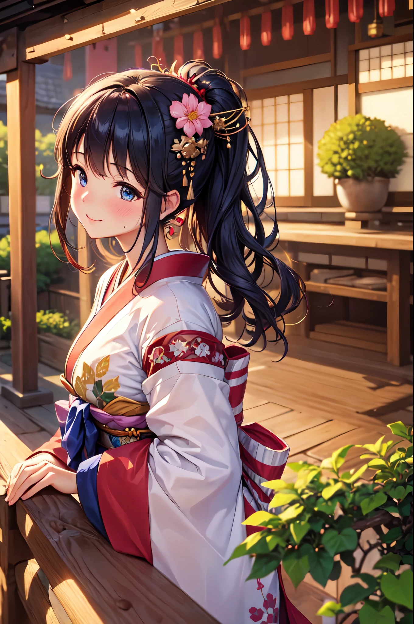 (High quality, High resolution, Fine details), Japanese Castle Towns, Kimono, solo, curvy women, sparkling eyes, (Detailed eyes:1.2), Standing, smile, blush, Sweat, Oily skin, Soft tones, shallow depth of field